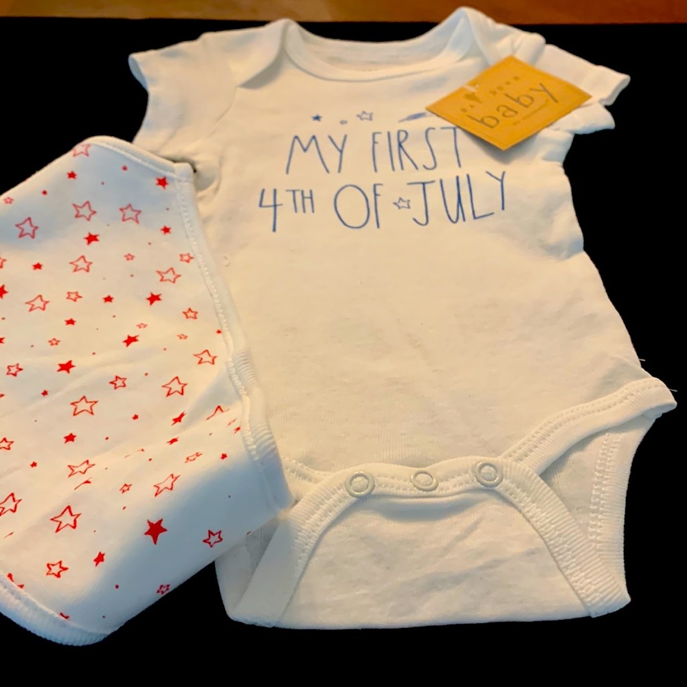 4th of July Pants , onesie and a bib with stars on it.